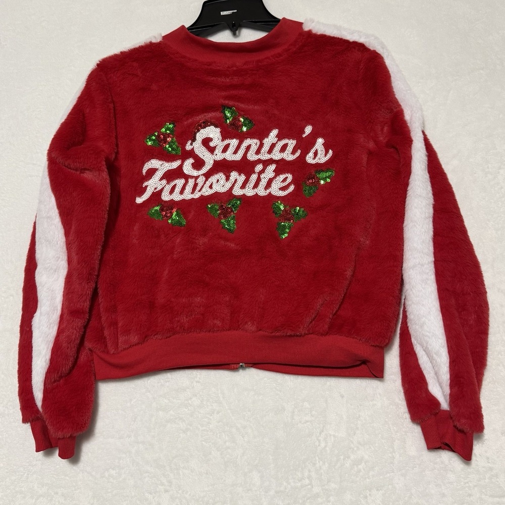 Santa's Favorite Christmas Jacket Ugly Sweater Womens Large Zip Up Sequin New